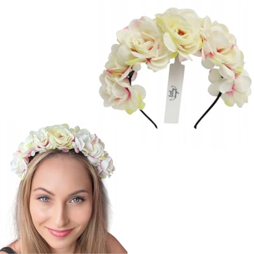 Blumen Haarreif Damen Mädchen – Haarband mit Kunstblumen Kranz Stirnband – Blumenkrone Haarschmuck Hochzeit Festival Sommer Party Boho Flower Headband – Little Angel (Rosa/Beige, Normal) von Little Angel