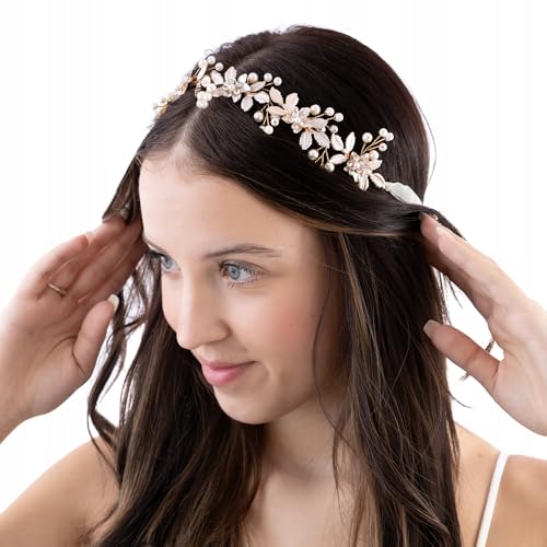 Boho Haarband Hochzeit mit Blumen & Perlen – Braut Haarschmuck Gold Vintage – Handgefertigter Haarkranz mit Schleife für Damen, Hochzeitsfrisur, Festival, Boho-Style von Little Angel