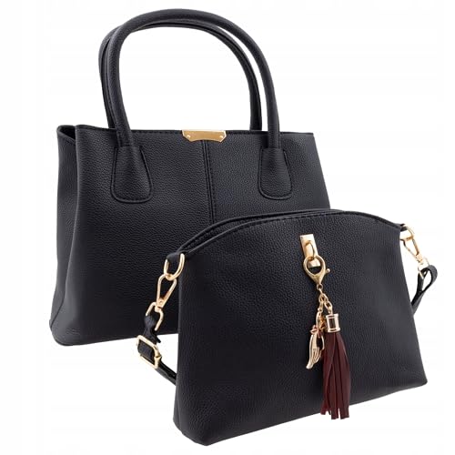Elegantes 2-teiliges Damen Handtaschen-Set – Shopper & Umhängetasche mit Anhänger – Hochwertiges Kunstleder – Vielseitig, praktisch & modern, Handtasche, Schultertasche (Schwarz) von Little Angel