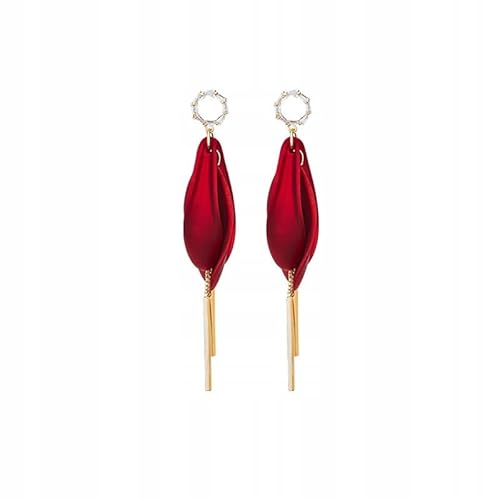 Extravagante lange Statement-Ohrringe für Damen mit roten Satin-Blüten und funkelnden Kristallen – Eleganter Ohrschmuck in Blütenform mit goldfarbenem Stab – Ideal für besondere Anlässe Extravagante lange Statement-Ohrringe für Damen mit roten Satin-Blüten und funkelnden Kristallen – Eleganter Ohrschmuck in Blütenform mit goldfarbenem Stab – Ideal für besondere Anlässe von Little Angel