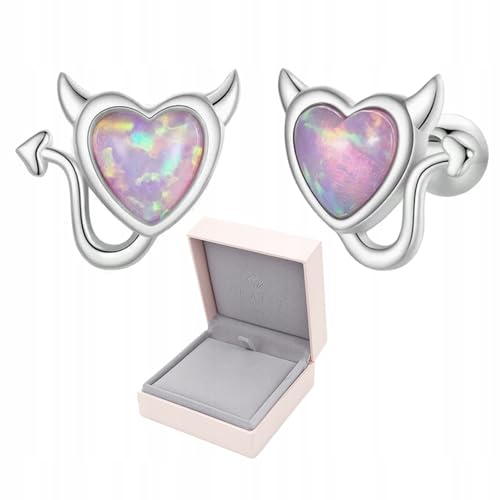 FRAISE 925 Silber Ohrringe Damen Herz Teufel Design mit Opal – Echt Silber Ohrstecker Mädchen Schmuck – Glänzender Opalstein Ohrring Geschenk – Ohrstecker Silber 925 von Little Angel