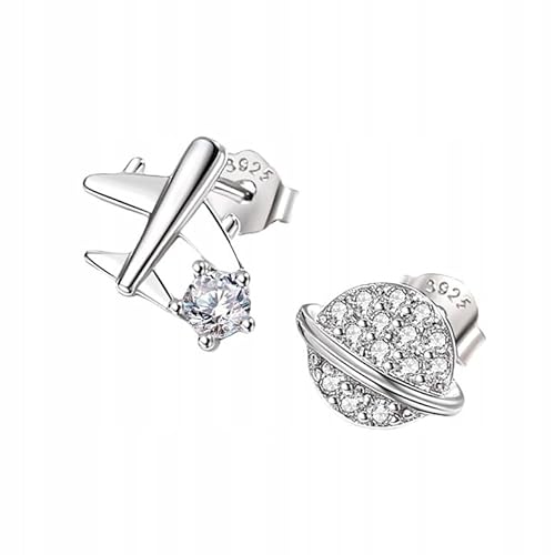 FRAISE Ohrringe Silber 925 - Ohrstecker Silber 925 - Flugzeug & Planet - Asymmetrische Ohrstecker mit Zirkonia - Echt Silber - Hypoallergen, Minimalistisch, Zeitloser Schmuck (Silber) von Little Angel
