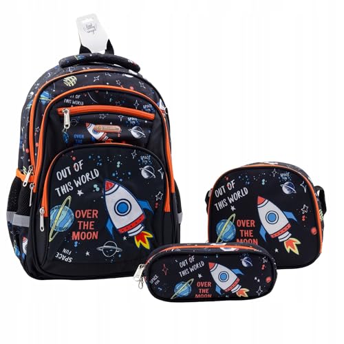 Jungen Schulrucksack Set 3-teilig – Weltraum Rucksack mit Rakete + Federmäppchen + Brottasche – Schulranzen für Grundschule, ergonomischer & anpassbarer Tornister – Kinder Rucksack von Little Angel