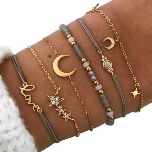 Little Angel 6-teiliges Armband-Set Damen – Boho Style mit Mond, Stern & Love Symbol – Verstellbare Freundschaftsarmbänder Gold & Grau – Trend Schmuck Geschenk von Little Angel