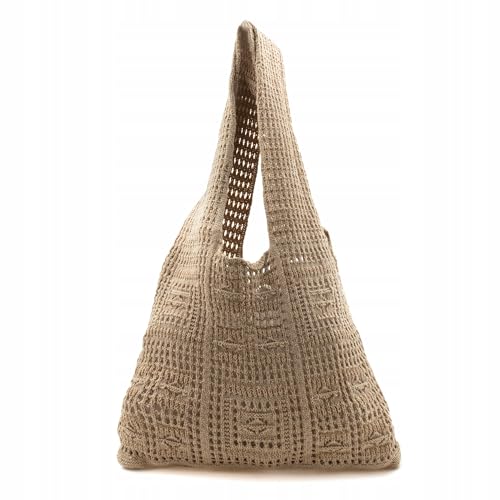 Gehäkelte Boho Tasche Damen – Handgefertigte Hobo Schultertasche aus Baumwolle in Beige – Sommer Strandtasche im Vintage Häkel-Look – Shopper Beuteltasche groß und leicht (Dunkel) von Little Angel