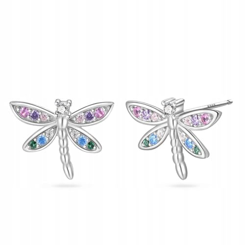 Ohrringe Silber 925 - Libellen Ohrringe Damen 925 Silber - Ohrstecker Silber 925 - Bunt Zirkonia Stecker Schmuck - Echt Silber - Tiermotiv Ohrstecker Mädchen Frauen Geschenk Regenbogen von Little Angel