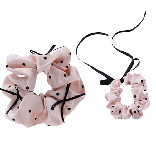 Scrunchie 2er Set mit Schleife – Rosa Haargummi mit Punkten – Haarbänder für Damen & Mädchen – Retro Zopfgummi im Polka-Dot Design für Dutt, Pferdeschwanz & Half-Up Frisuren von Little Angel