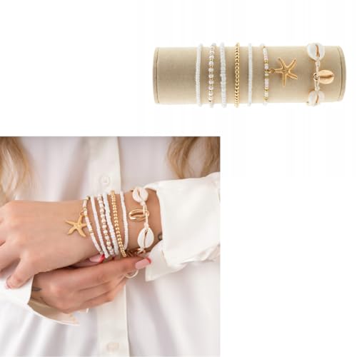 Sommer Armband Set Damen – 7-teiliges Boho Armbänder Set mit Seestern-Anhänger, Muschelarmband und Perlen – Weiß Gold Ibiza Beach Style von Little Angel