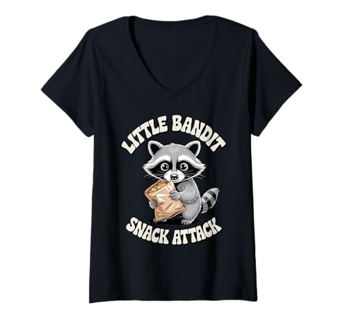 Damen Little Bandit Snack Attak Lustiger Waschbär-Snack Attack T-Shirt mit V-Ausschnitt von Little Bandit Snack