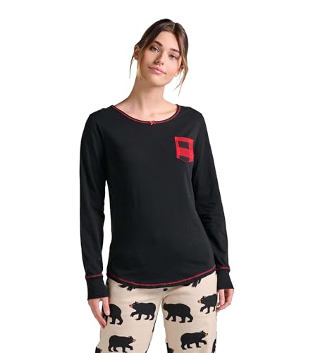 Hatley Damen Long Sleeve Pajama Tops Pyjamaoberteil, Schwarz Mit Buffalo Plaid Pocket, Mittel von Little Blue House