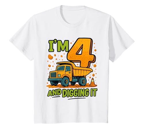 Kids I'm 4 and Digging It Construction Truck Birthday T-Shirt von Little Builder Birthday Boys Construction Party
