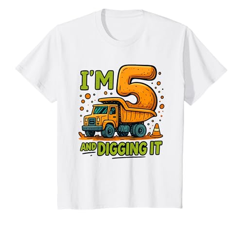 Kids I'm 5 and Digging It Construction Truck Birthday T-Shirt von Little Builder Birthday Boys Construction Party