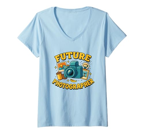 Damen Zukünftiger Fotograf Kreative Kamera, Karriere, Fantasie für Kinder T-Shirt mit V-Ausschnitt von Little Camera Explorer Future Photographer Wear