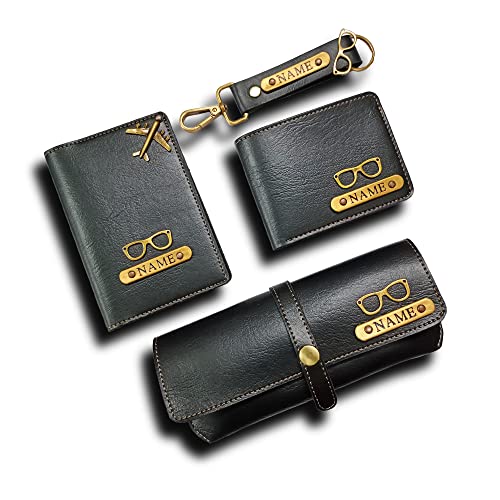 Little Cubess Combo Herren Kunstleder Personalisierte Brieftasche und Reisepasshülle / Gepäckanhänger Sonnenbrille Abdeckung Geschenk für Männer (4 Stück), Schwarz, M, Casual, Schwarz , M, Casual von Little Cubess