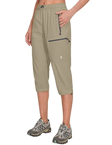 Little Donkey Andy Damen 3/4 Capri Trekkinghose Schnelltrocknend Shorts Leichte Atmungsaktiv Kurze Wanderhose mit Reißverschlusstasche Khaki 3XL von Little Donkey Andy