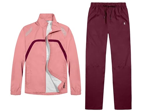 Little Donkey Andy Damen Leichte Regenjacke Patchwork Outdoorjacke Hose Set Rosa/Dunkelrot XL von Little Donkey Andy