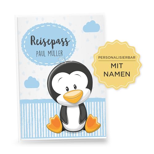 Little Fairy Tales Reisepasshülle für Kinder personalisierbar | Kinderreisepasshülle mit Personalisierung/Namen | Schutzhülle personalisierbar mit Dorftiere Pinguin von Little Fairy Tales