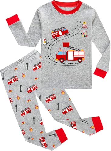 Little Hand Jungen Schlafanzug Langarm Herbst Winter Kinder Feuerwehrauto Schlafanzug 110 von Little Hand