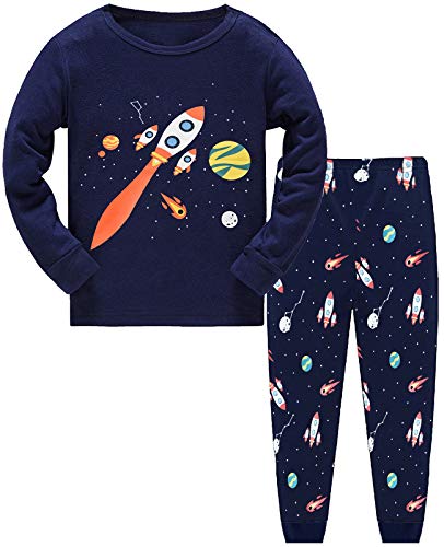 Little Hand Jungen Schlafanzug Langarm Herbst Winter Kinder Nachtwäsche Rakete Hakenmaschine Feuerwehrauto Schlafanzug 1-7 Jahre (110, Kosmische Rakete) von Little Hand