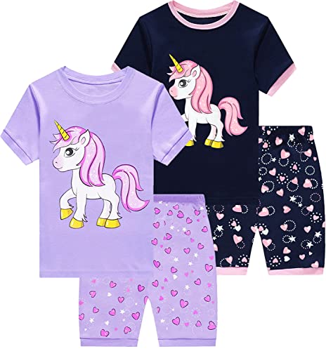 Little Hand Kinder Schlafanzug Mädchen Kurz Sommer Nachtwäsche Zweiteilig Einhorn Flamingo Katze Kurzer Pyjamas Baumwolle 104 von Little Hand