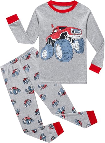 Little Hand Kinder Schlafanzug Set Bagger Pyjama Set Jungen Baumwolle 2Pcs Langarm Bagger Offroader Rot 122 von Little Hand