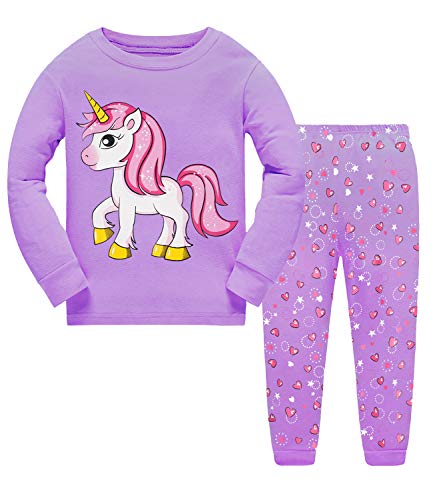 Little Hand Schlafanzug Mädchen Lang Einhorn Kinder Zweiteiliger Baumwolle Ärmel Nachtwäsche T-Shirt und Hose 128 von Little Hand