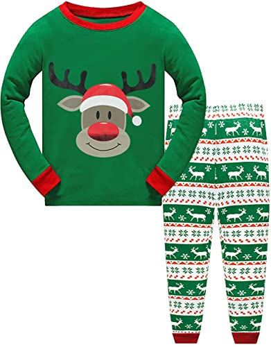 Little Hand Weihnachts Jungen Schlafanzug Set für Kinder Weihnachten Schlafanzug Weihnachtsmann Kleinkind Jungen Pyjamas Langarm Nachtwäsche Kleidung 2 Stück (104, Grün Elch) von Little Hand