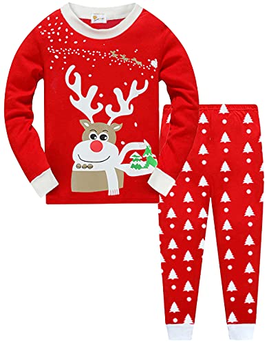Little Hand Weihnachts Jungen Schlafanzug Set für Kinder Weihnachten Schlafanzug Weihnachtsmann Kleinkind Jungen Pyjamas Langarm Nachtwäsche Kleidung 2 Stück (104, Red Elch) von Little Hand
