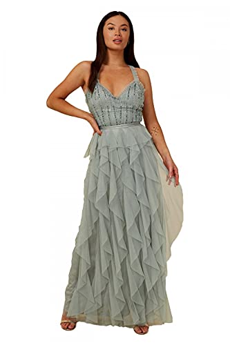 Little Mistress Damen Bridesmaid Ayla Embellished Ruffle Mesh Maxi Dress, Waterlily Kleid, 42 EU (14 UK) von Little Mistress