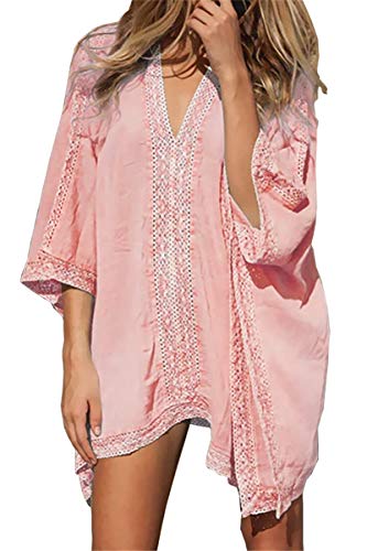 L-Peach Damen Strandponcho Sommer Überwurf Kaftan Strandkleid Bikini Cover-up One Size Pink von L-Peach