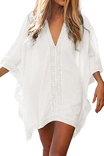 L-Peach Damen Strandponcho Sommer Überwurf Kaftan Strandkleid Bikini Cover-up One Size Weiß von Little-Peach