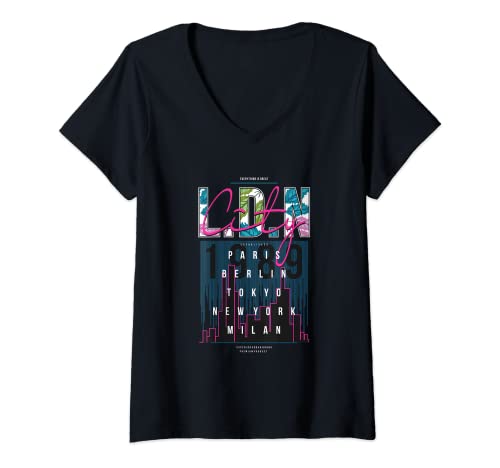 Damen London - Berlin - Tokyo - New York - Mailand - Paris T-Shirt mit V-Ausschnitt Damen London - Berlin - Tokyo - New York - Mailand - Paris T-Shirt mit V-Ausschnitt von Little White Bear