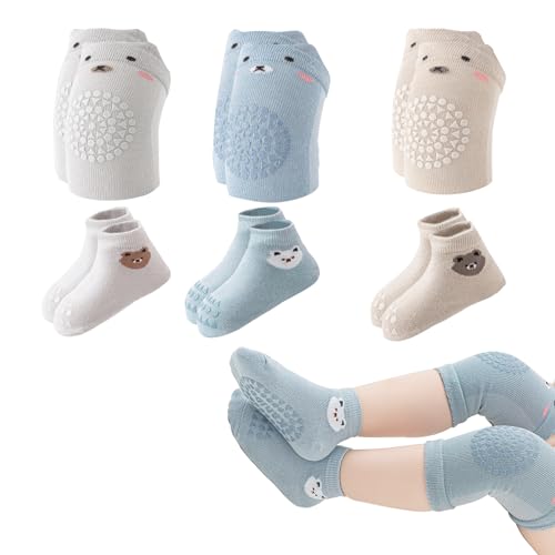 Baby Knieschoner zum Krabbeln, 3 Paar Anti Rutsch Baby Krabbelsocken Und 3 Paar Knieschoner Baby Krabbeln Mädchen Junge mit Anti-Rutsch-Noppen für Sicheren Halt Baby Krabbelhilfe für 0-24 Monate von Little World