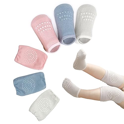 Baby Knieschoner zum Krabbeln, 3 Paar Anti Rutsch Socken Baby Und 3 Paar Knieschoner Baby Krabbeln Mädchen Junge mit Anti-Rutsch-Noppen für Sicheren Halt Baby Krabbelhilfe für 0-24 Monate von Little World