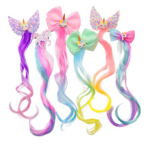 Locken Haarverlängerung Clips, 6Stück Little World Haarsträhnen Kinder Einhorn Bogen Prinzessin Haarspangen Mädchen Haarschmuck Bunte Haarsträhnen, Haarschmuck Mädchen Bunte Haarteile Party Ankleiden von Little World