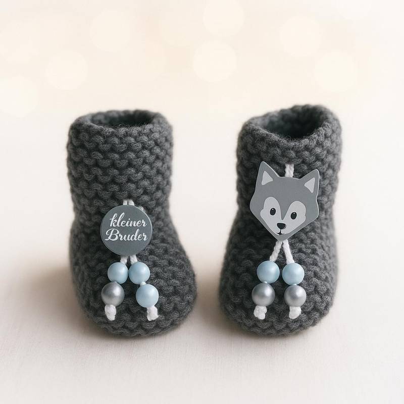 Warme Gestrickte Babyschuhe Mit Motiv Kleiner Bruder Und Fuchs, Grau von LittleBabyofficial