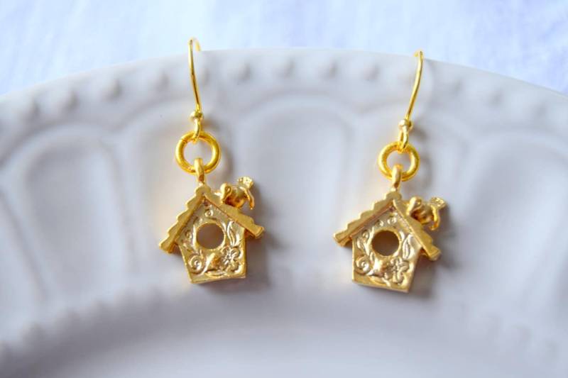 Vogel-Haus-Ohrringe, Gold Anhänger Ohrringe, Vogel Haus Geschenk Für Sie Vogel-Haus-Ohrringe, Gold Anhänger Ohrringe, Vogel Haus Geschenk Für Sie von LittleBirdsUK