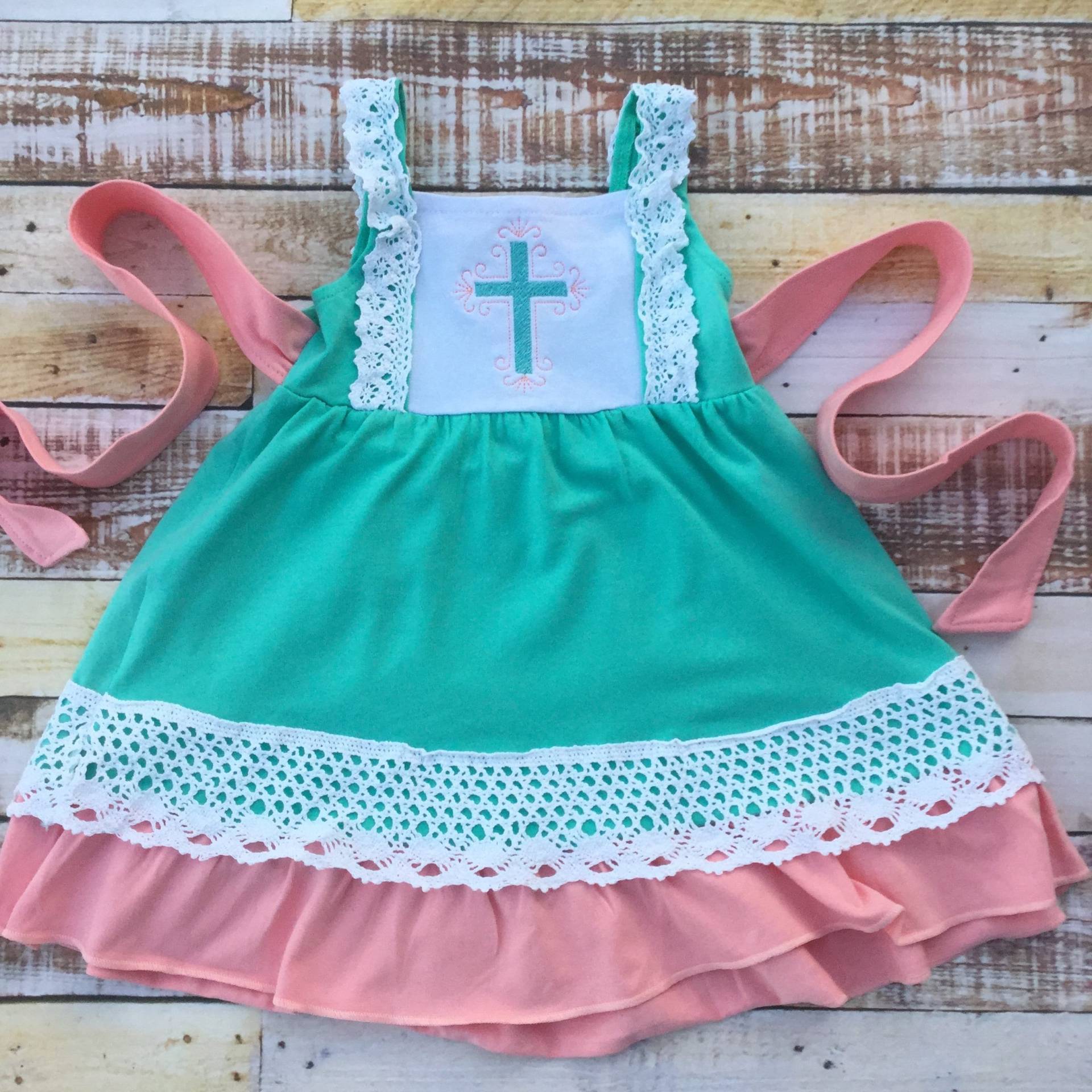 Osterkleid Mit Christlichem Kreuz, Blanko Oder Monogrammiert. Petrol Und Pfirsich Spitze Baumwollkleid Frühlingskirche Kleid, 18M - 24M, 3T von LittleBlanksClothier