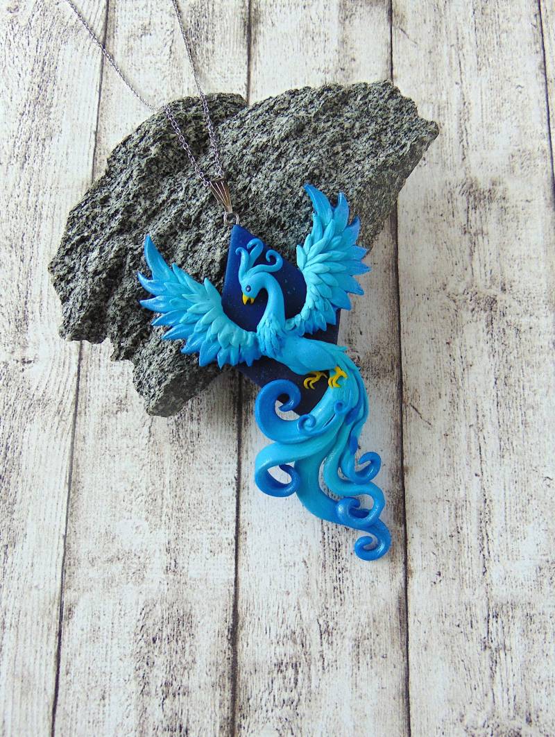 Blauer Phoenix Feuervogel Halskette - Fimo Fantasy Schmuck Einzigartiger von LittleBreezesCrafts