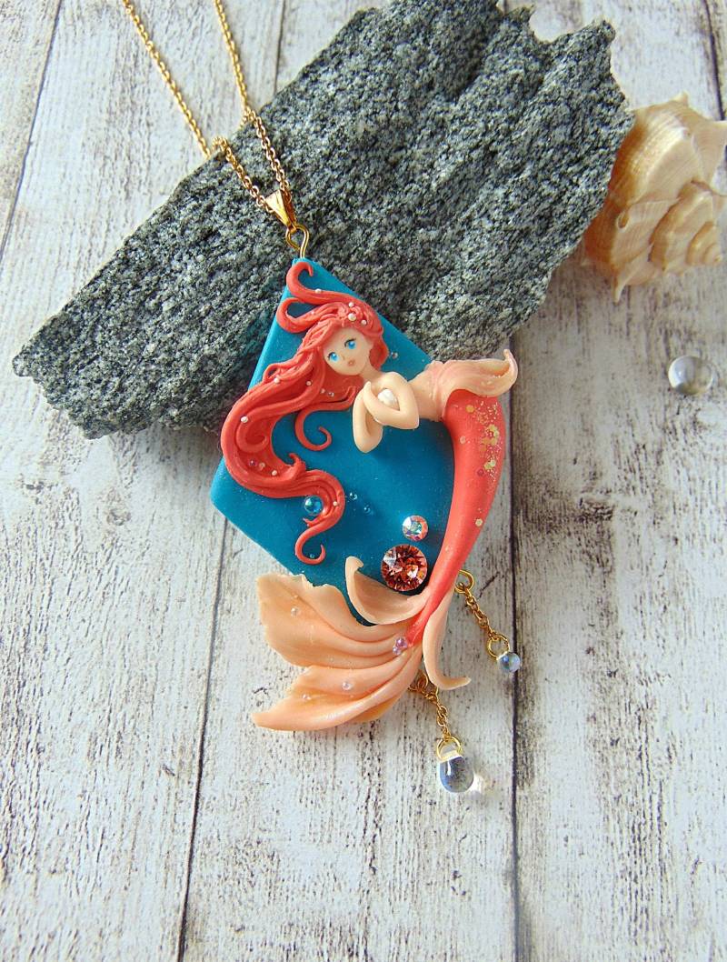 Korallenrote Fimo Meerjungfrau Halskette - Schmuck Fantasie von LittleBreezesCrafts