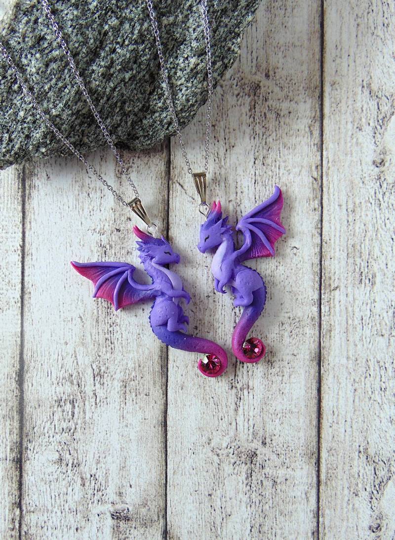 Lila Drache Freundschafts Ketten Set - Handgefertigter Fantasy Schmuck von LittleBreezesCrafts