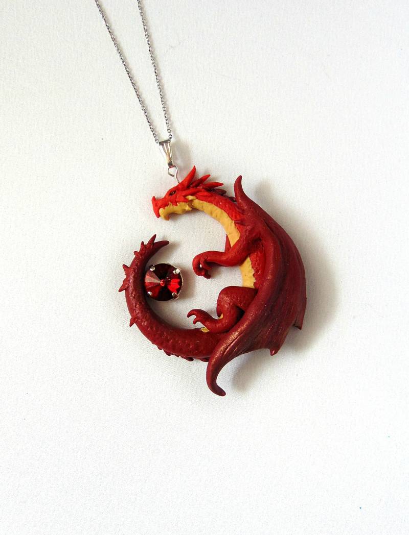 Roter Drache Halskette - Anhänger Fimo Schmuck Drachen Swarovski Fantasy von LittleBreezesCrafts