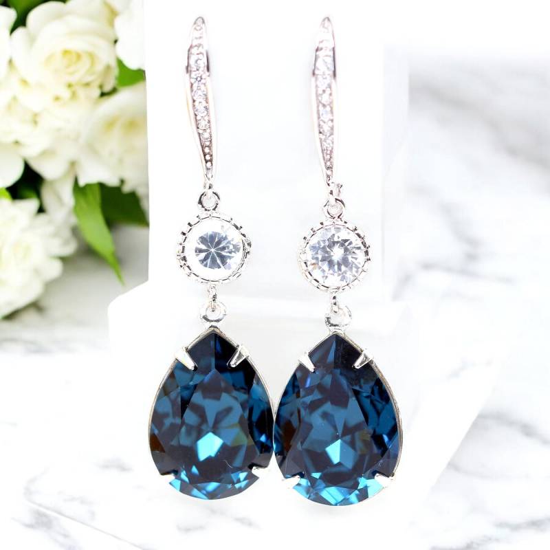 Blaue Marine Ohrringe Brautjungfer Blau Braut Kristall Lange Mo31H von LittleDesirezJewelry
