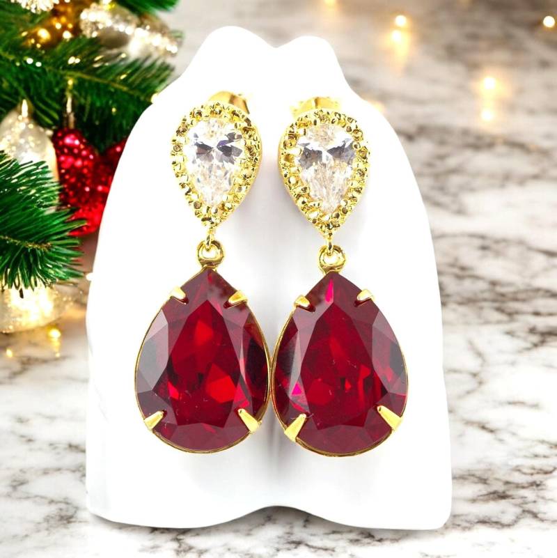 Dark Red Ohrringe Crystal Brautjungfer Schmuck Gold Siam Cubic Zirconia Teardrop Stein Si31P von LittleDesirezJewelry