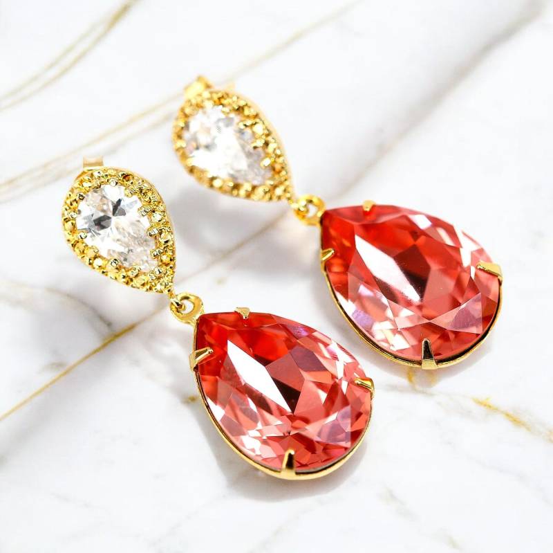 Koralle Ohrringe Pfirsich Braut Rose Kristall Gold Brautjungfer Strand Hochzeit Schmuck Co31P von LittleDesirezJewelry