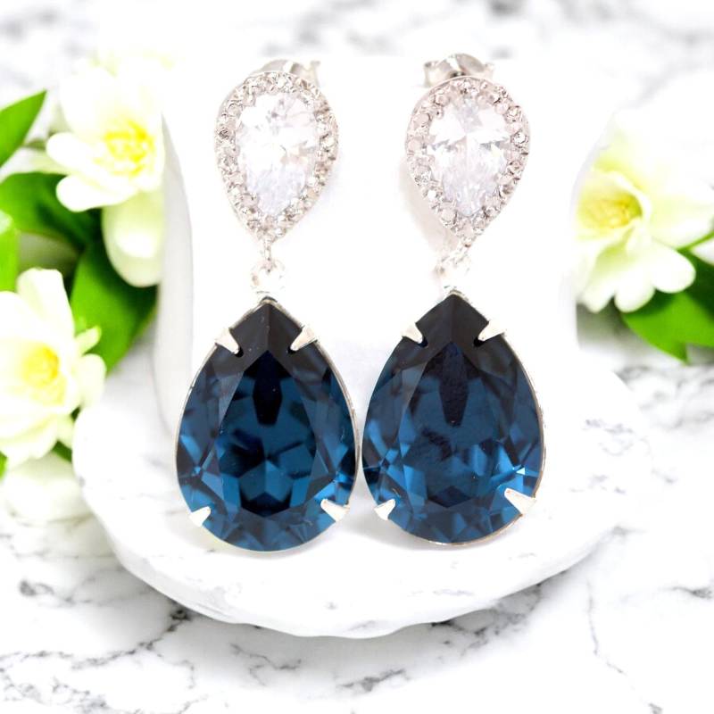 Post Ohrringe Navy Blau Baumeln Brautjungfer Hochzeit Silber Kristall Cz Mo31P von LittleDesirezJewelry