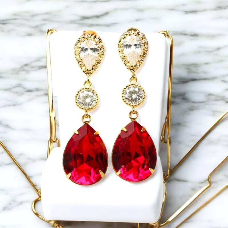 Rot Gold Ohrringe Kristall Dunkelrot Crimson Schmuck Funkelnden Si31Pc von LittleDesirezJewelry