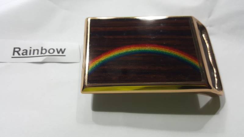 Tech Ether Gilde Vintage "Regenbogen" 1970S Gürtelschnalle Aus Massivem Messing Holz Inlay Neu Made in Usa." von LittleEllesStuff