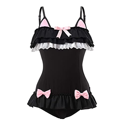 LittleForBig Baumwoll Fancy Kitty Strampler Onesie Pyjama Teddy Dessous Einteiliger Babydoll Bodysuit Schwarz XXL von LittleForBig