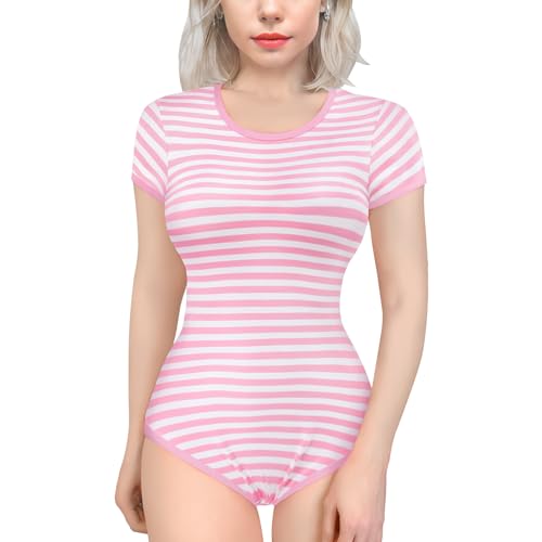 LittleForBig Baumwolle Strampler Onesie Pyjamas Bodysuit – Essential Gestreift Strampler Rosa XXXXL von LittleForBig